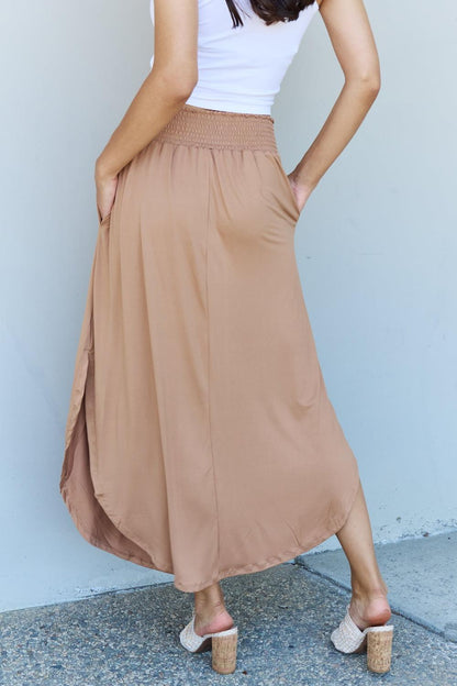 Doublju Comfort Princess Full Size High Waist Scoop Hem Maxi Skirt in Tan Carauana Store