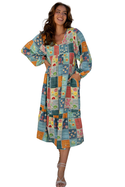 Sky Blue Mix Floral Checkered Pattern Bubble Sleeve Ruffle Hem Dress