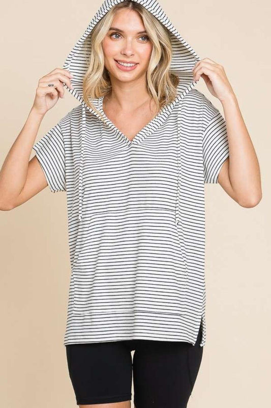 Culture Code Full Size Striped Short Sleeve Hooded Top Carauana Store