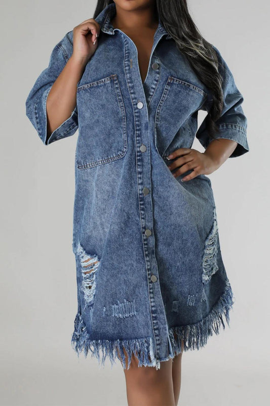 Distressed Raw Hem Button Up Denim Dress Carauana Store