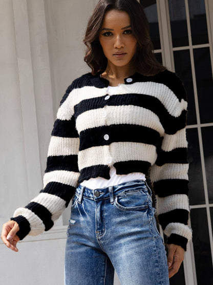 Striped Button Up Dropped Shoulder Cardigan Carauana Store