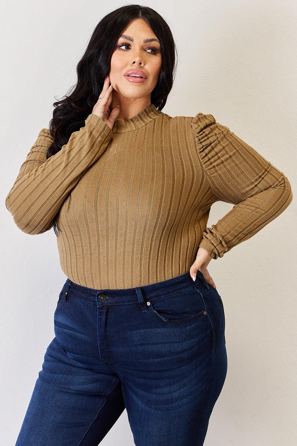 Basic Bae Full Size Ribbed Mock Neck Puff Sleeve T-Shirt Carauana Store