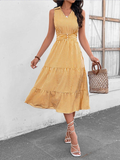 Striped Johnny Collar Sleeveless Midi Dress Carauana Store