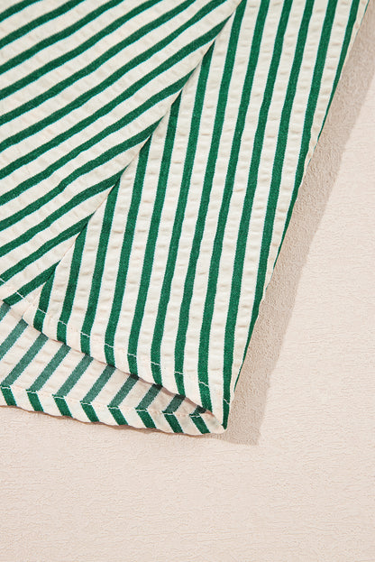 Green Stripe V Neck Zip Front Cinched High Waist Midi Dress