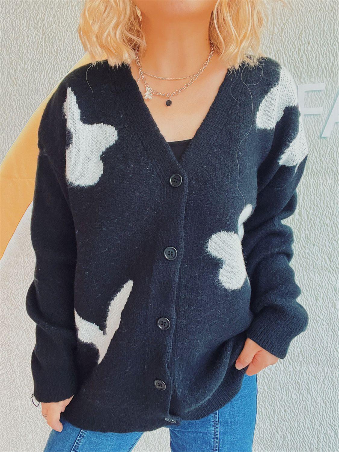 Flower Button Down V-Neck Long Sleeve Cardigan Carauana Store