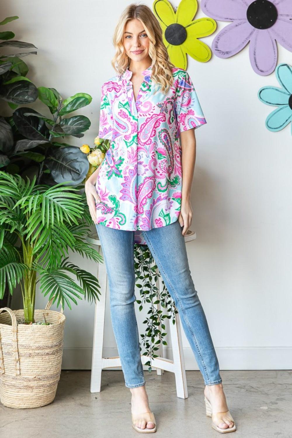 Heimish Full Size Paisley Print Short Sleeve Top Carauana Store