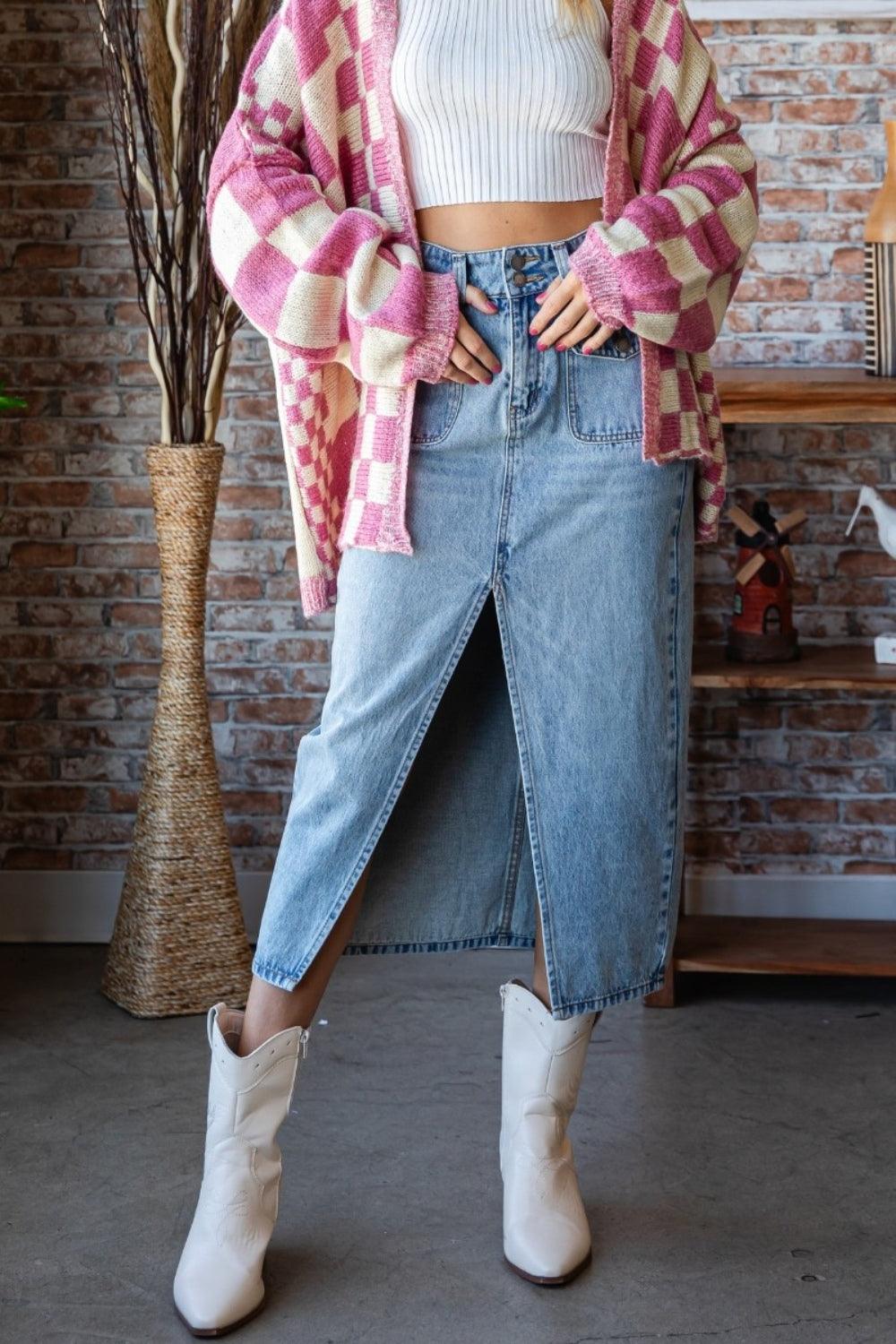 Veveret Slit Mid Rise Waist Denim Skirt Carauana Store