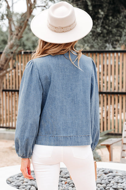 Dusk Blue Tied Front Long Puff Sleeve Denim Top
