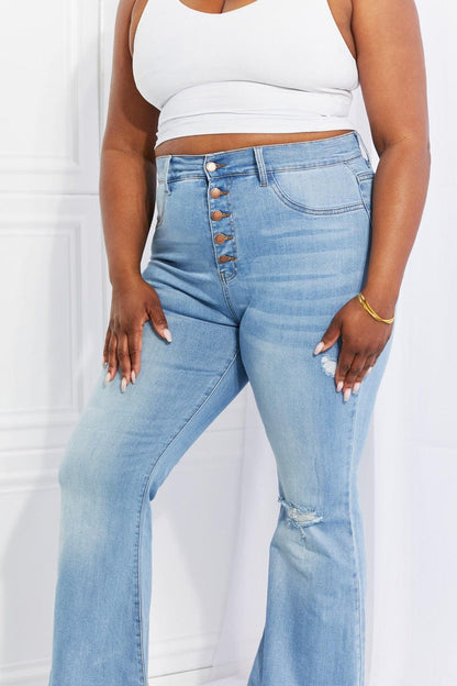 Vibrant MIU Full Size Jess Button Flare Jeans Carauana Store