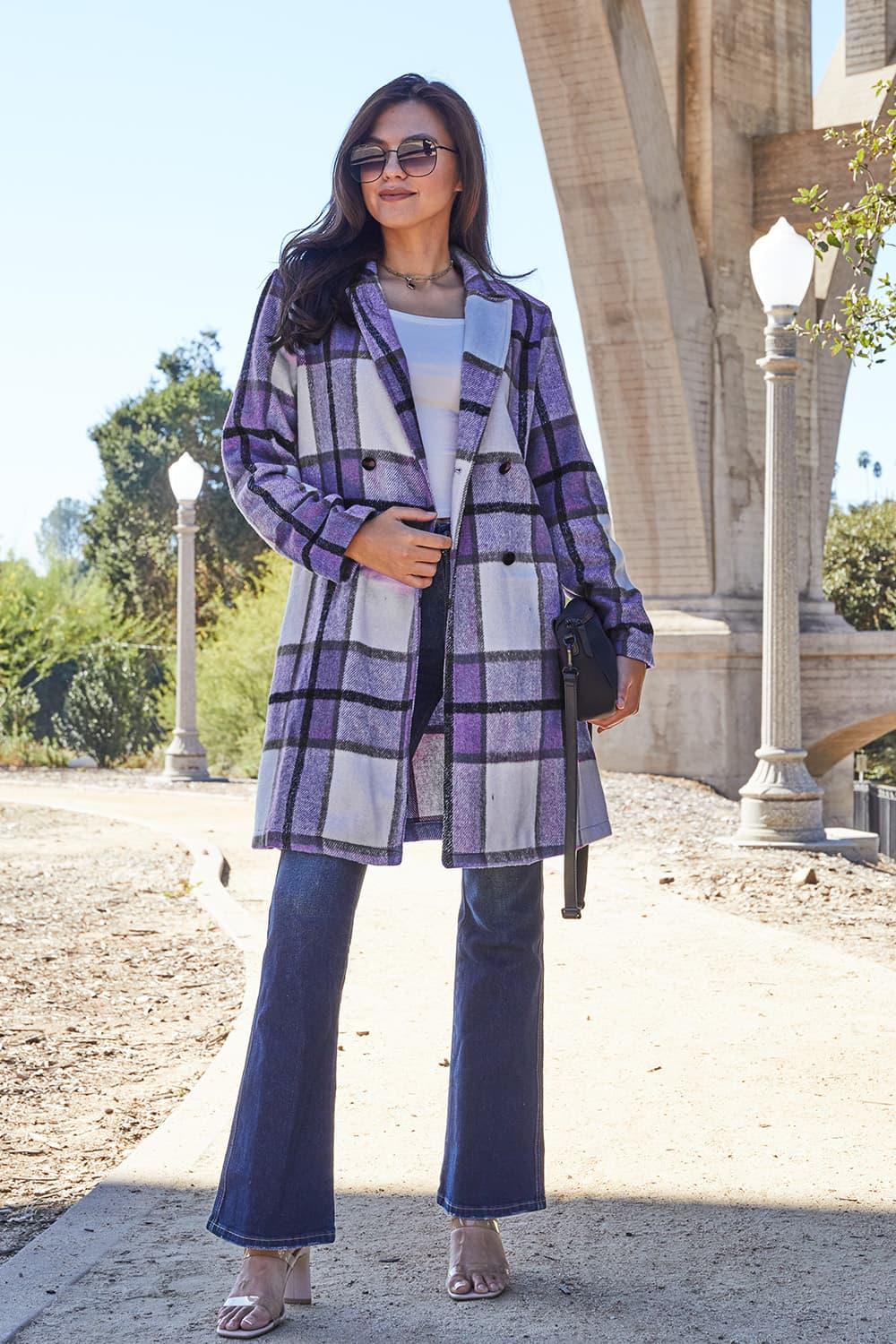 Double Take Full Size Plaid Button Up Lapel Collar Coat Carauana Store