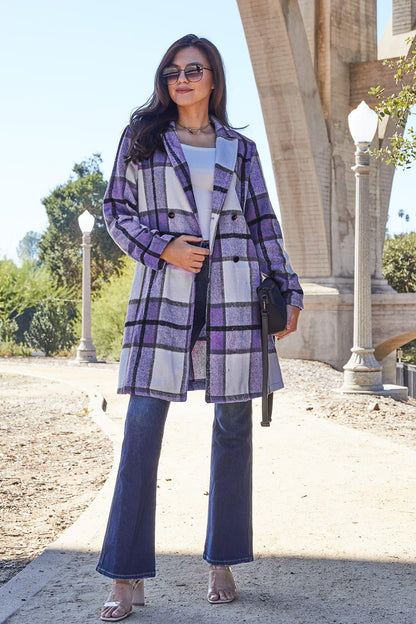 Double Take Full Size Plaid Button Up Lapel Collar Coat Carauana Store