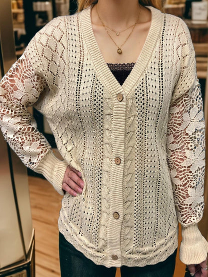 Eyelet Button Up Lantern Sleeve Cardigan Carauana Store