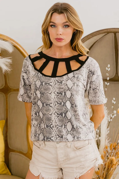 BiBi Snake Skin Print Top with Contrast Caged Neck Carauana Store