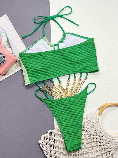 Contrast Halter Neck Chain Detail One-Piece Swimsuit Carauana Store