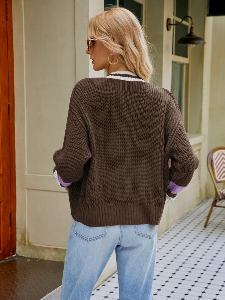 Contrast Button Up Dropped Shoulder Cardigan Carauana Store