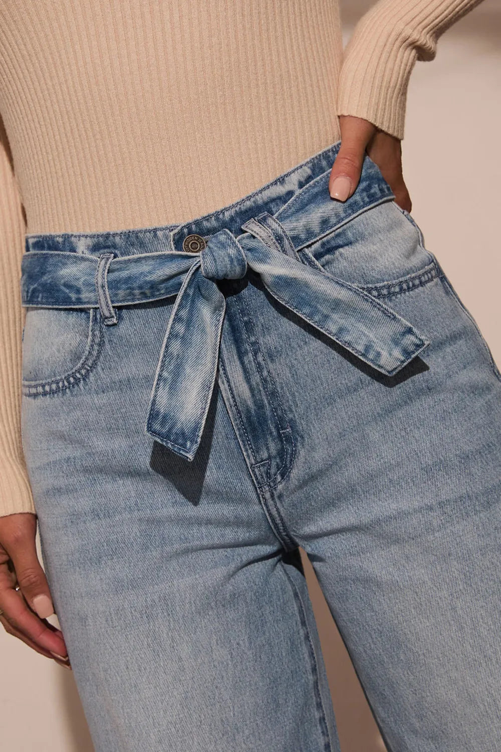 Tied Wide Leg Jeans with Pockets Carauana Store