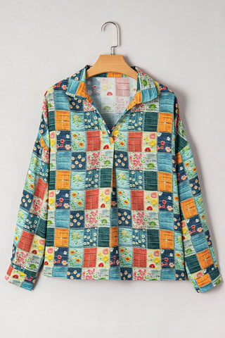 Sky Blue Floral Collared V Neck Roll up Sleeve Shift Blouse