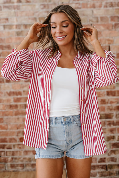 Red Stripe Patched Pocket Side Slit Loose Shirt