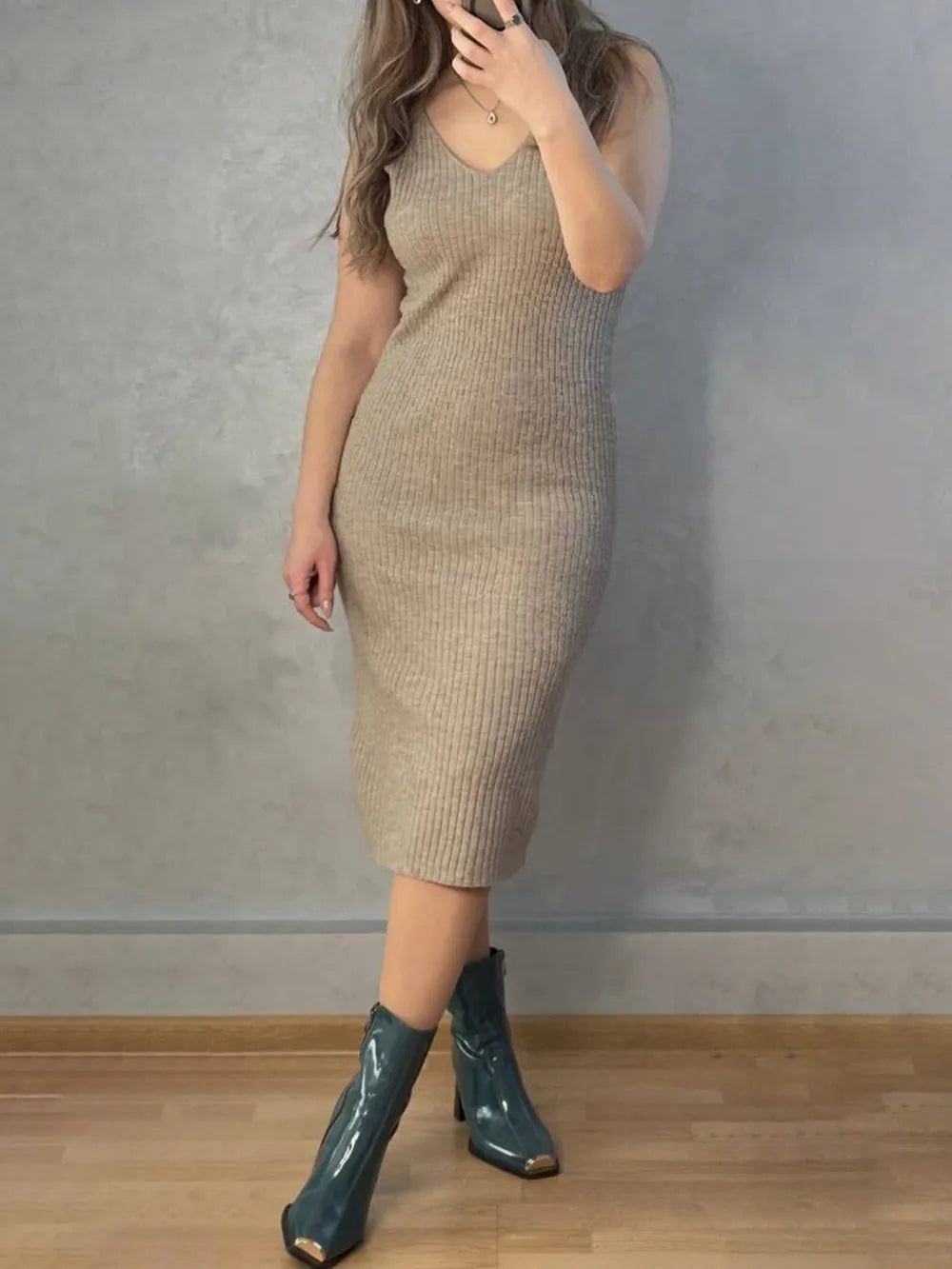 V-Neck Cami Dress and Open Front Cardigan Sweater Set Carauana Store