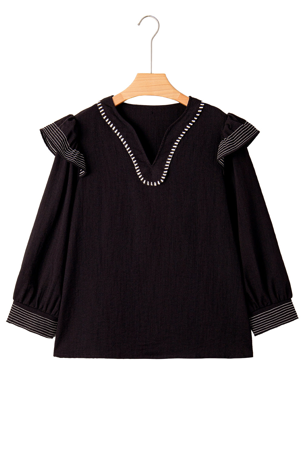 Black Contrast Stitched Detail V Neck Ruffle Long Sleeve Blouse