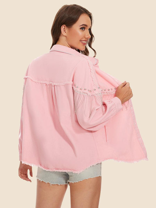Raw Hem Fringe Detail Denim Jacket Carauana Store