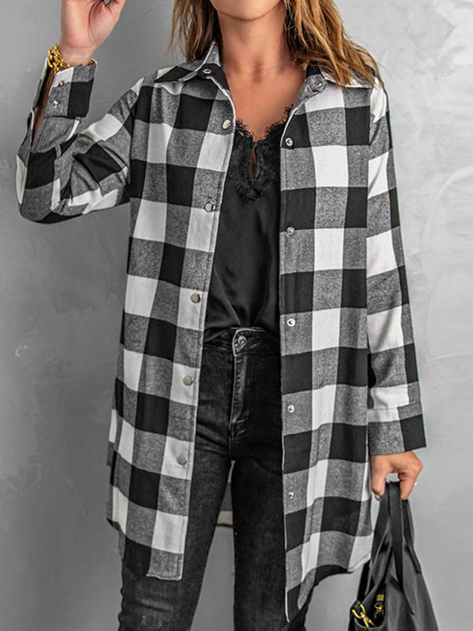 Plaid Snap Down Long Sleeve Jacket Carauana Store