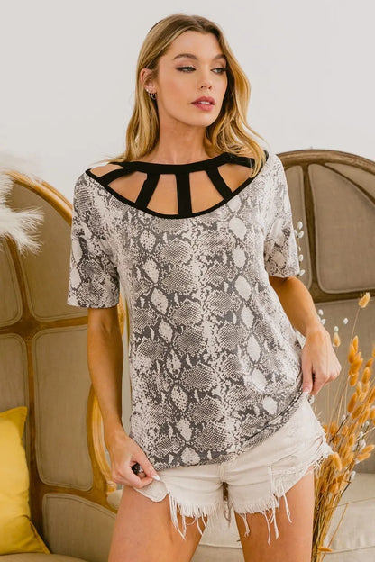 BiBi Snake Skin Print Top with Contrast Caged Neck Carauana Store