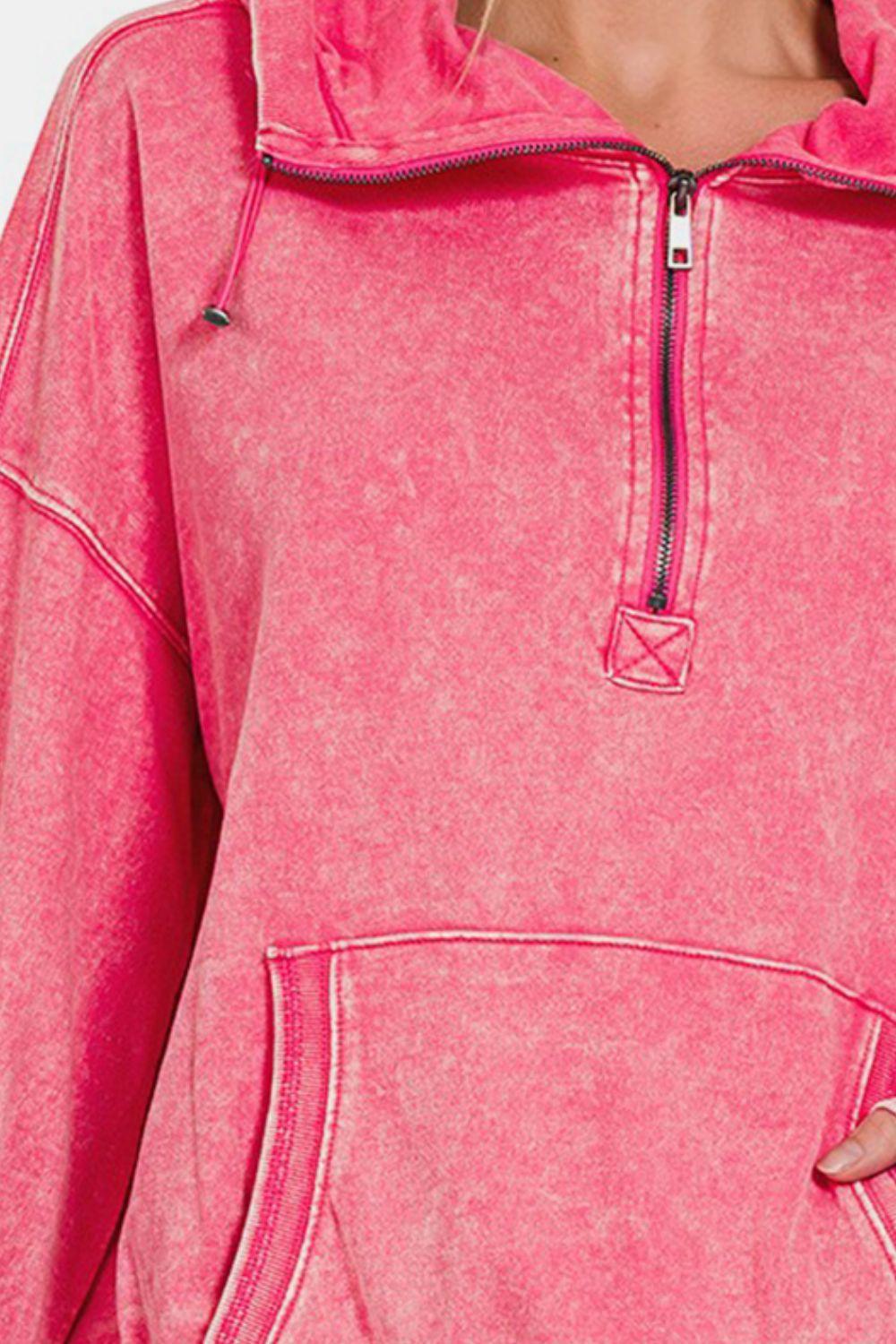 Zenana Drawstring Half Zip Dropped Shoulder Hoodie Carauana Store