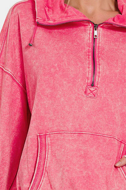 Zenana Drawstring Half Zip Dropped Shoulder Hoodie Carauana Store