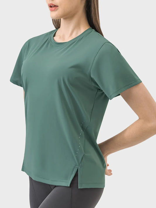 Millennia Slit Round Neck Short Sleeve Active T-Shirt Carauana Store
