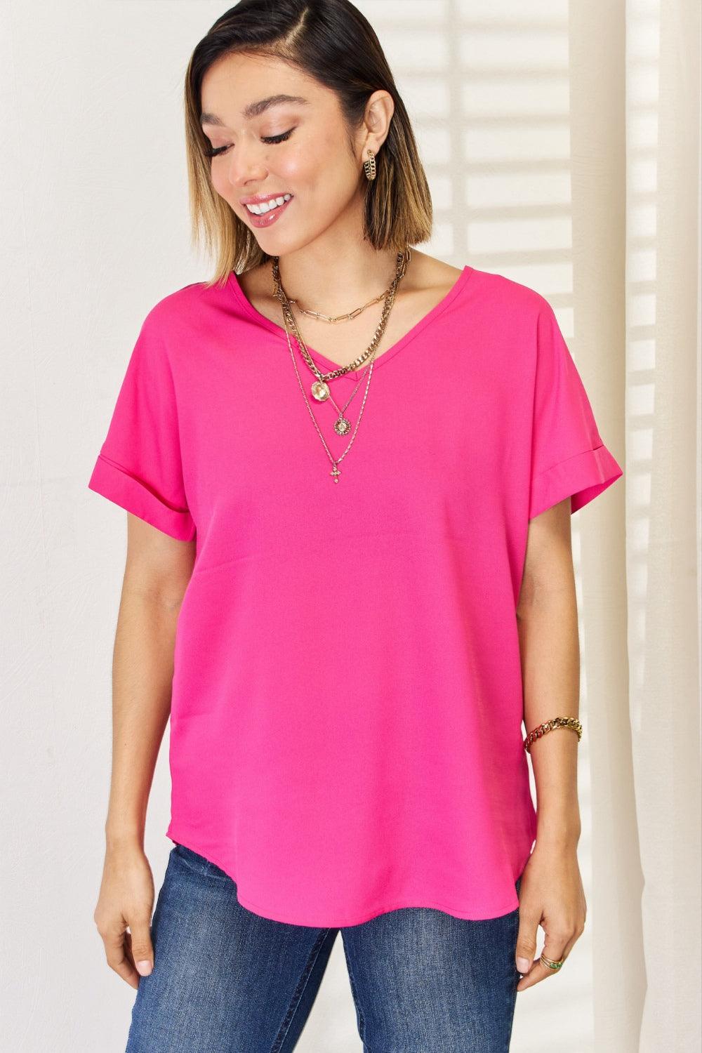 Zenana V-Neck Rolled Short Sleeve T-Shirt Carauana Store