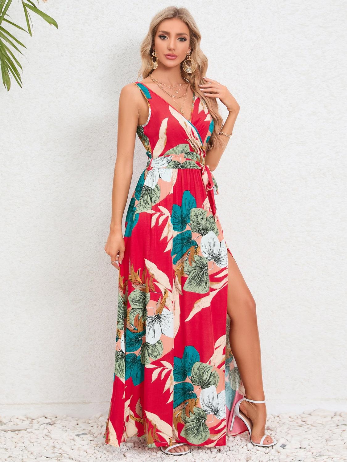 Slit Tied Printed Surplice Dress Carauana Store