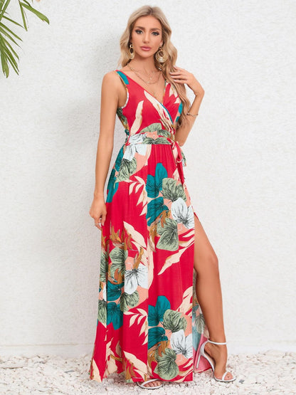 Slit Tied Printed Surplice Dress Carauana Store