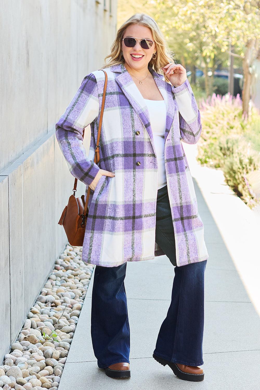 Double Take Full Size Plaid Button Up Lapel Collar Coat Carauana Store