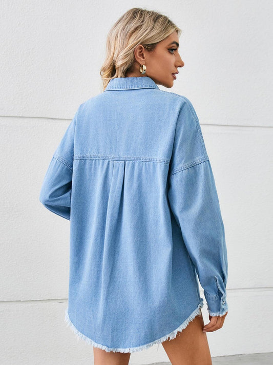 Distressed Raw Hem Dropped Shoulder Denim Jacket Carauana Store