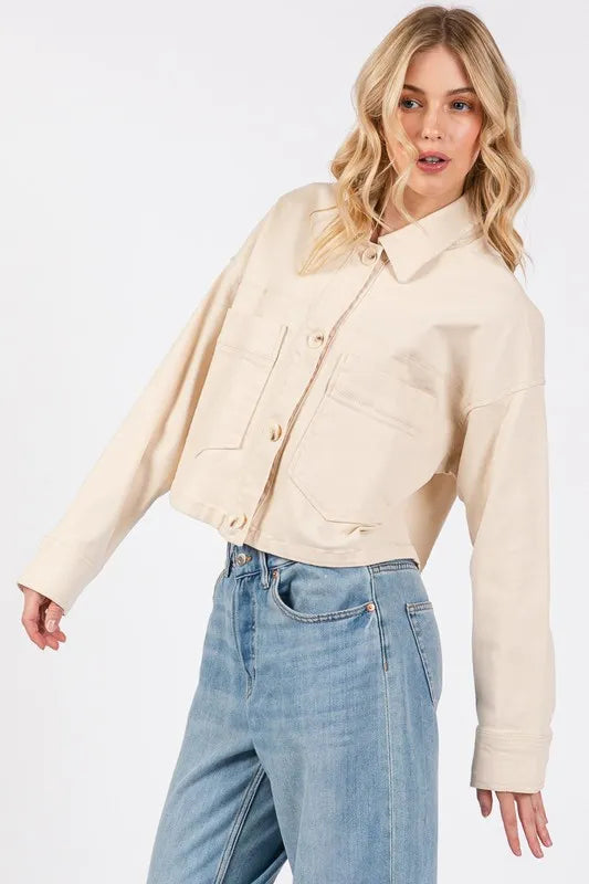 bytos Button Down Cropped Denim Jacket with Patch Pockets Carauana Store