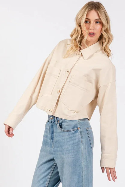 bytos Button Down Cropped Denim Jacket with Patch Pockets Carauana Store