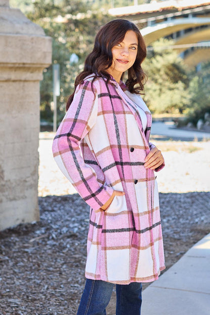 Double Take Full Size Plaid Button Up Lapel Collar Coat Carauana Store