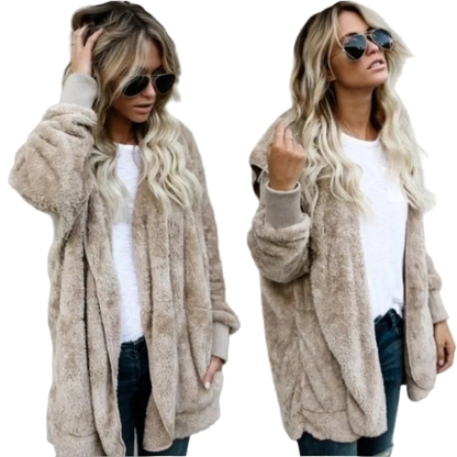 Two images of a woman wearing a beige fluffy cardigan against a gray background.