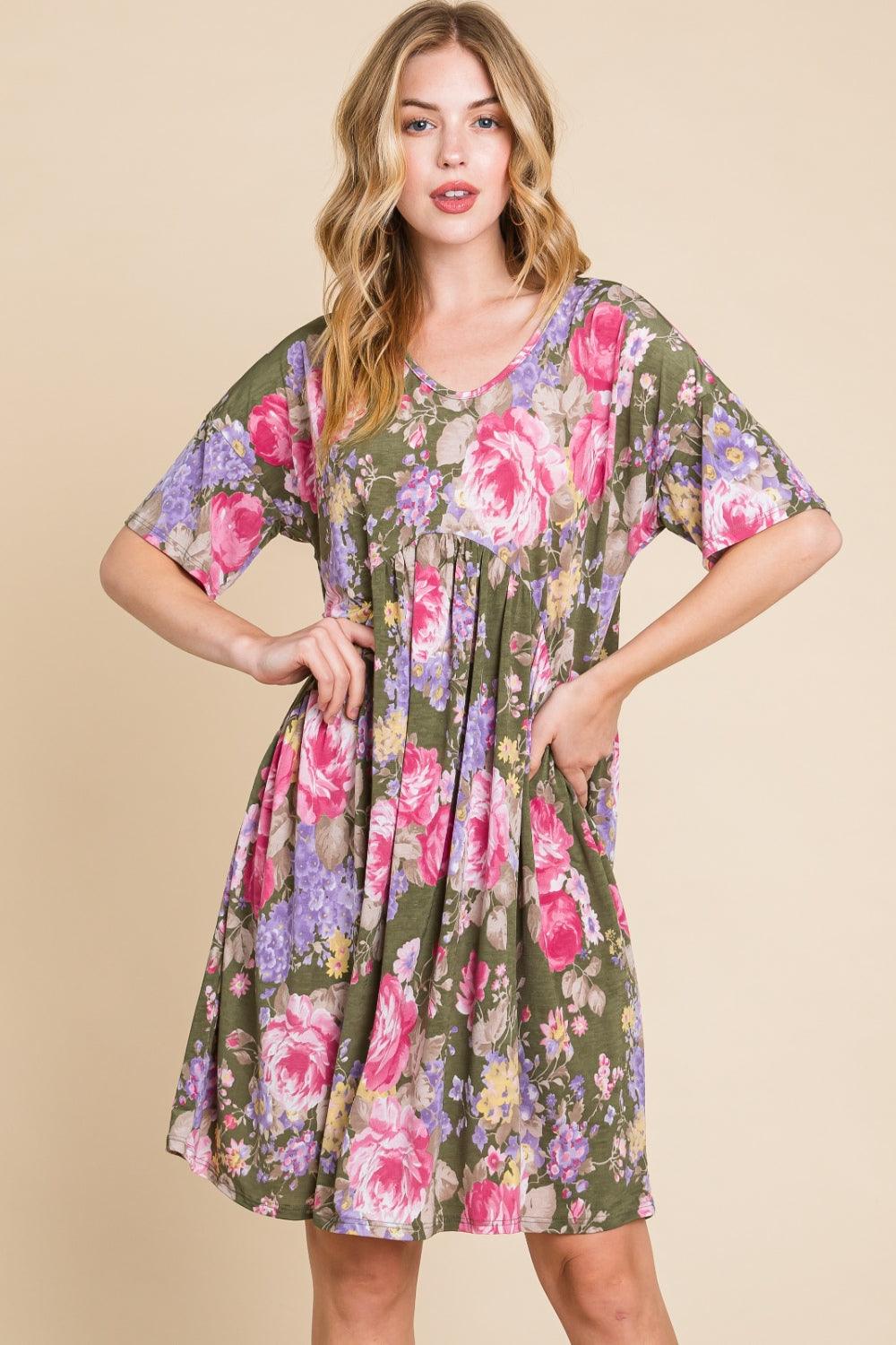BOMBOM Flower Print V-Neck Ruched Dress Carauana Store
