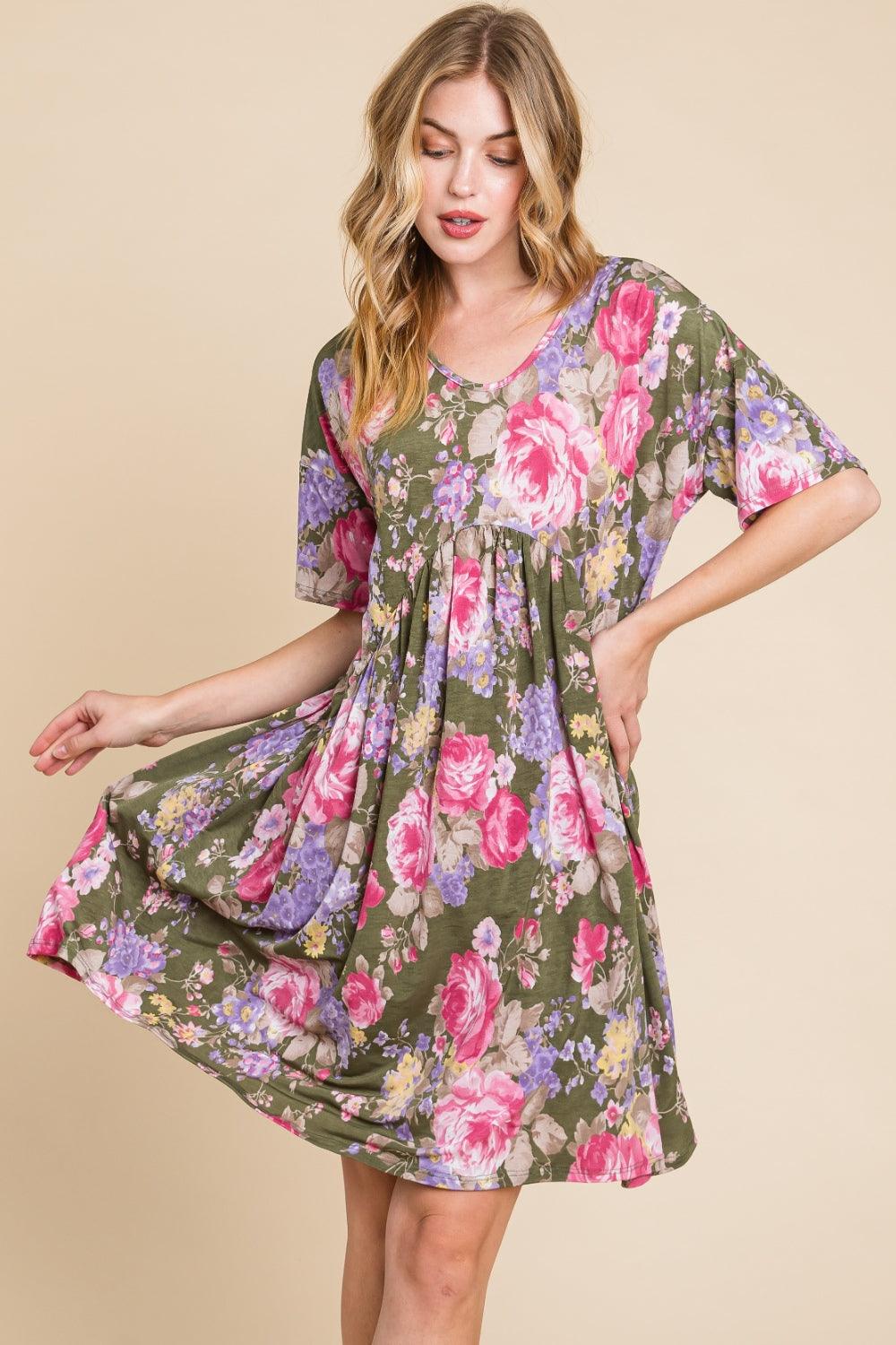 BOMBOM Flower Print V-Neck Ruched Dress Carauana Store