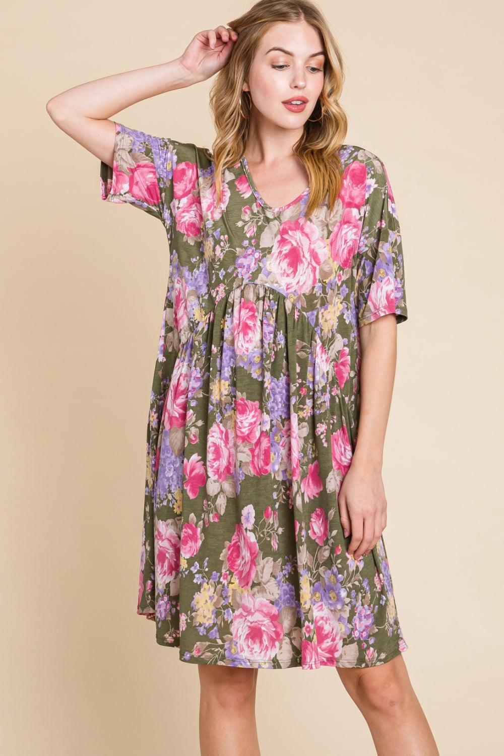 BOMBOM Flower Print V-Neck Ruched Dress Carauana Store