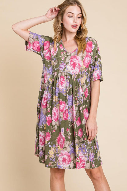 BOMBOM Flower Print V-Neck Ruched Dress Carauana Store