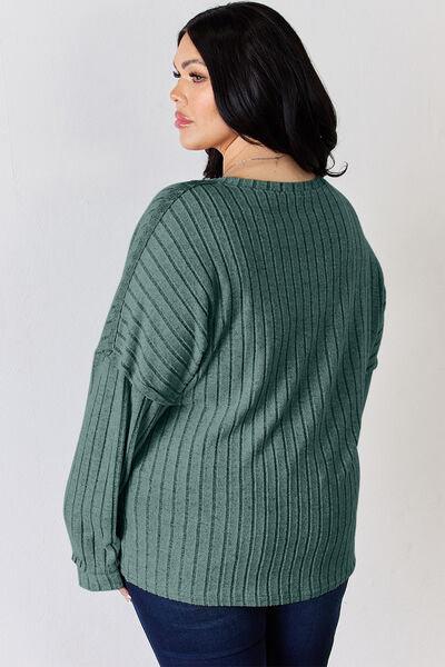 Basic Bae Full Size Ribbed Half Button Long Sleeve Shirt Carauana Store