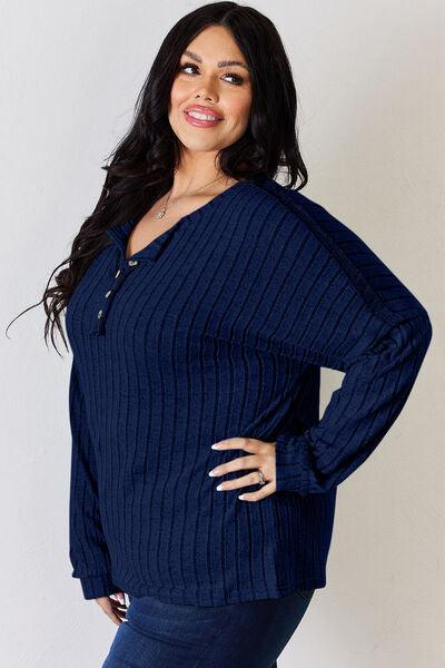 Basic Bae Full Size Ribbed Half Button Long Sleeve Shirt Carauana Store