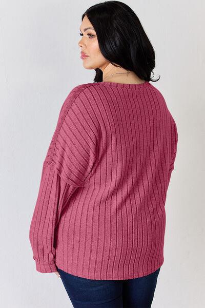 Basic Bae Full Size Ribbed Half Button Long Sleeve Shirt Carauana Store