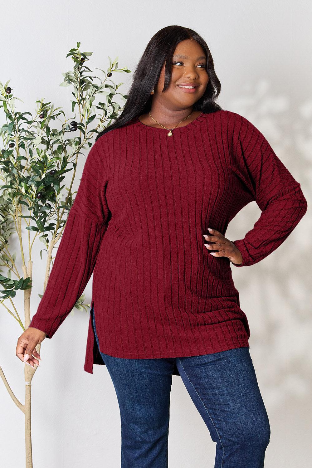 Basic Bae Full Size Ribbed Round Neck Long Sleeve Slit Top Carauana Store
