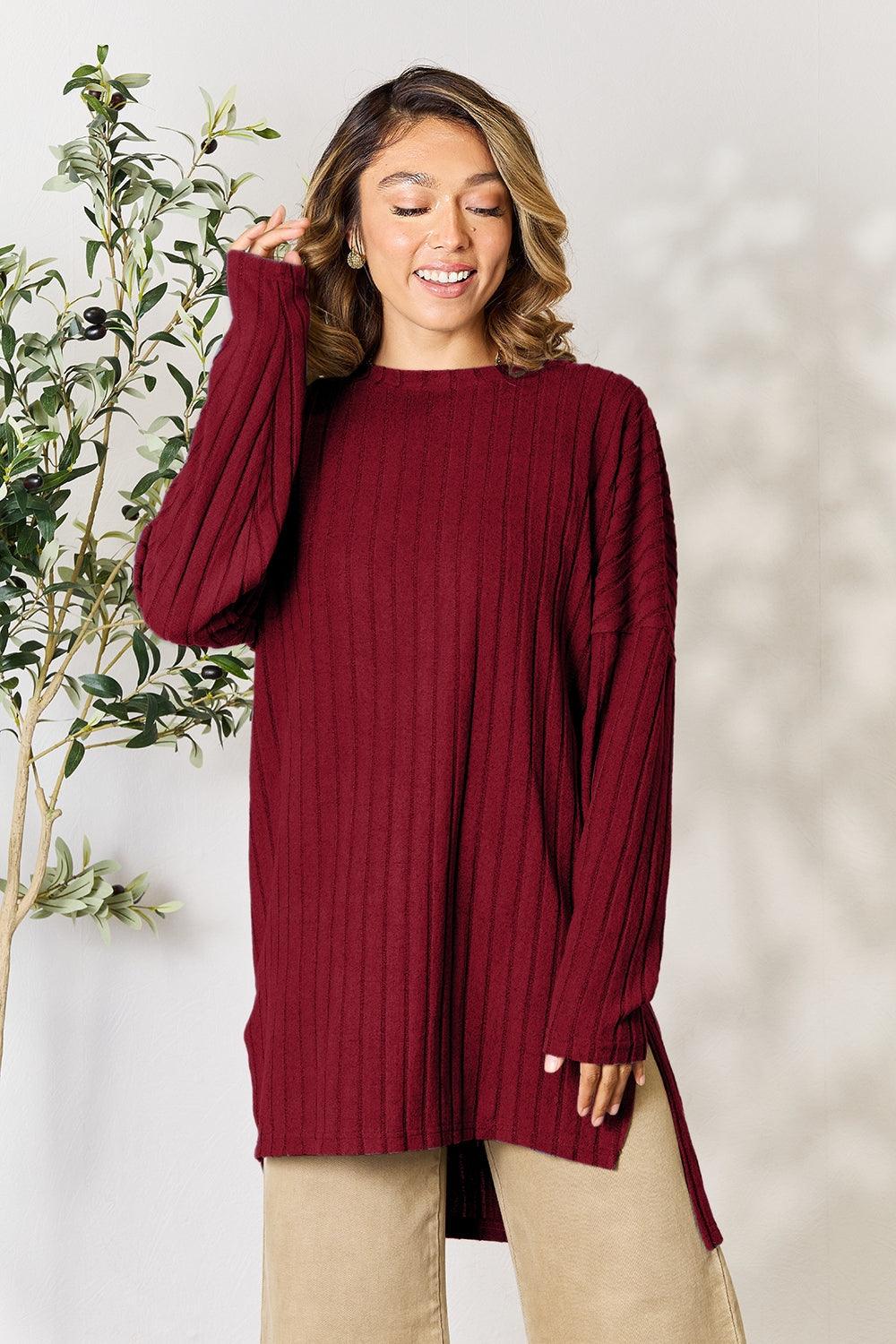 Basic Bae Full Size Ribbed Round Neck Long Sleeve Slit Top Carauana Store