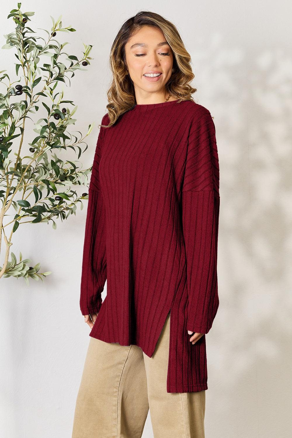 Basic Bae Full Size Ribbed Round Neck Long Sleeve Slit Top Carauana Store