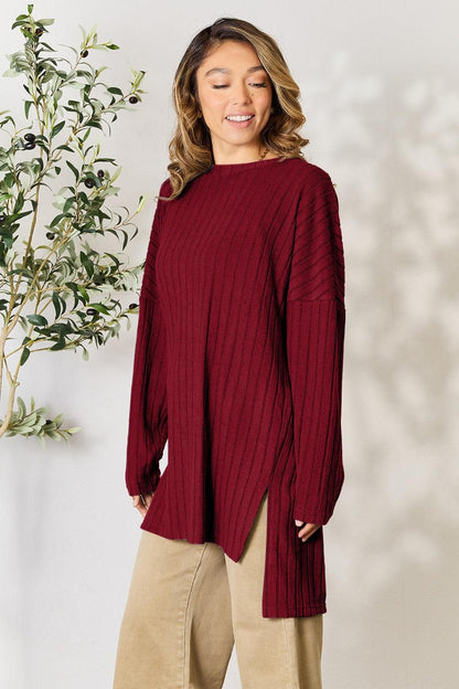 Basic Bae Full Size Ribbed Round Neck Long Sleeve Slit Top Carauana Store